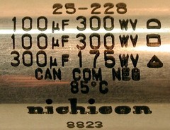 NICHICON 3-Section Electrolytic Can Capacitor: NOS 100uF/300V (X2), 300uF/175V