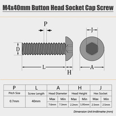 M4-0.7X40Mm Button Head Screw and Bolt, M4 Scoket Cap Screws,M4X40Mm Alloy Steel