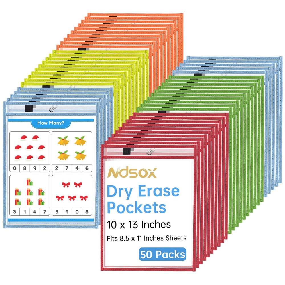 50 Packs Oversized Dry Erase Pockets Reusable Plastic Sleeves 5 Colors Ticket…