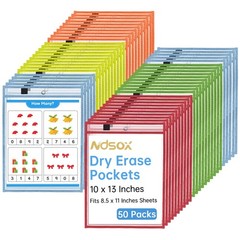 50 Packs Oversized Dry Erase Pockets Reusable Plastic Sleeves 5 Colors Ticket…