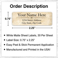 60 Return Address Labels Personalized Printed 3/4 x 2 1/4 Custom Parchment