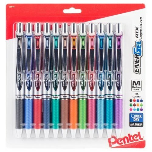 BL77BP12 Pentel EnerGel Deluxe RTX Liquid Gel Pen, 0.7mm Med, Set of 12 Colors