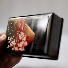 Vintage Lacquer Mount Fuji Cherry Blossom Business Card Holder Japan W/ Box