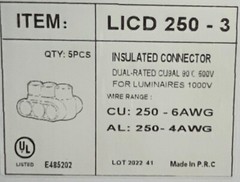 Box of 5; Insulated Multicable Connector; dual entry; 3 port; 250-6 wire range
