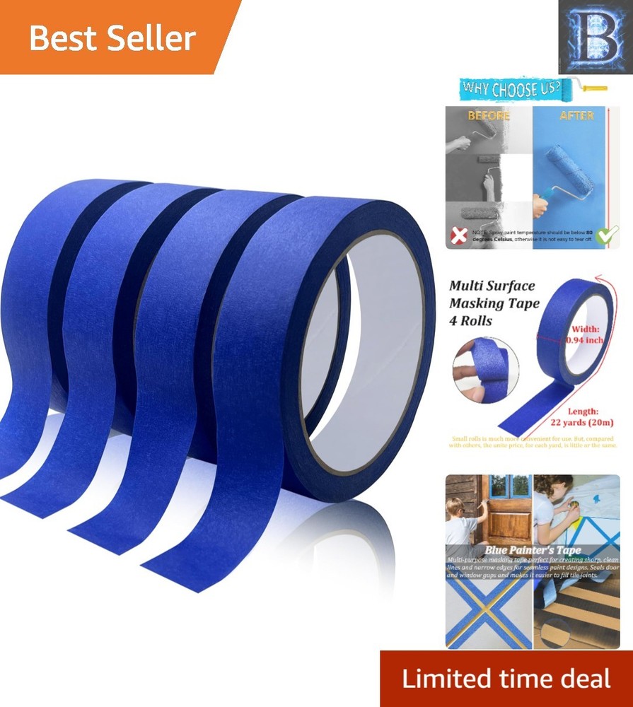 Blue Painter’s Tape – 4 Rolls of 0.94in x 22yd, No Residue, Easy Removal