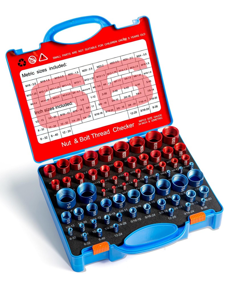 66 PCS Nut Bolt Thread Checker 32 Metric 34 Standard Size Gauge Finder Box