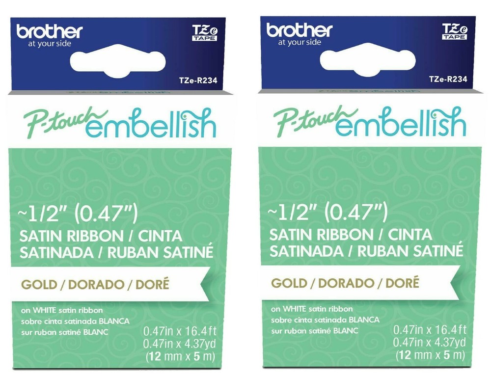 Genuine Brother P-Touch Embellish Satin Ribbon Gold On White TZe-R234 – Lot of 2