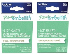 Genuine Brother P-Touch Embellish Satin Ribbon Gold On White TZe-R234 – Lot of 2