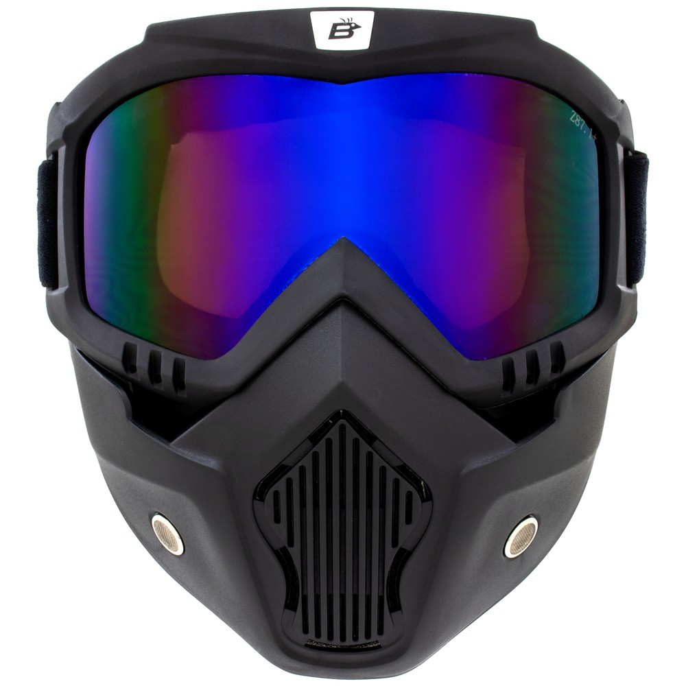 Birdz Skylark Motorcycle Black Goggles + Face Mask ReflecTech Mirror Lens