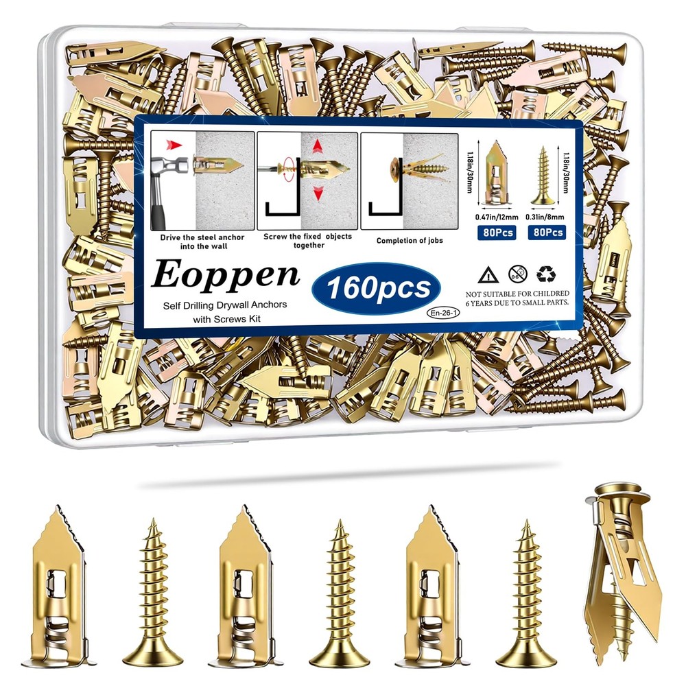 160Pcs Drywall Anchors Screws Expansion Heavy Duty Zinc Plated Steel 12x30mm