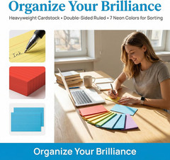 Colored Index Cards 3X5 Inches, 300 Count Neon Flash Cards with Ruled Lines, 6 C