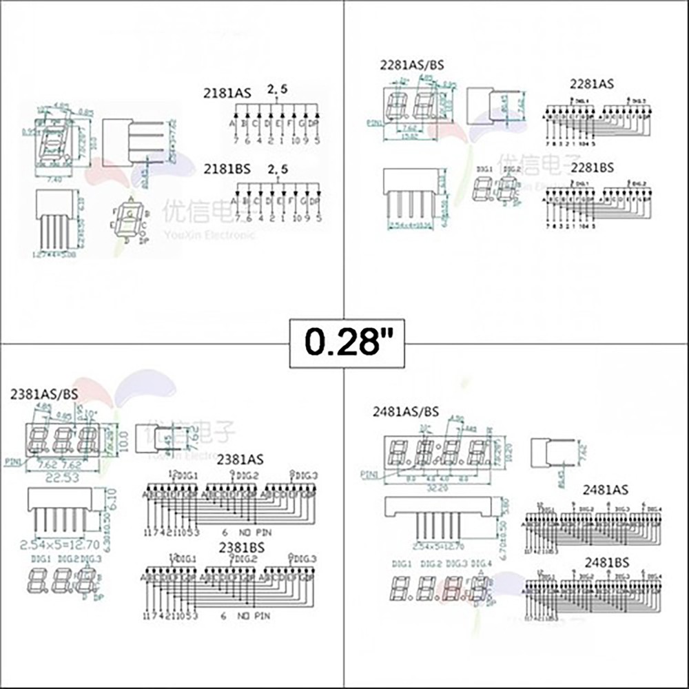 0.28/0.36/0.4/0.56/0.8″ Red led Display 7 Segment Common Cathode/Anode 1-4 Digit