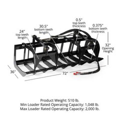 Titan Attachments 72in Economy Skid Steer Root Grapple Bucket Attachment