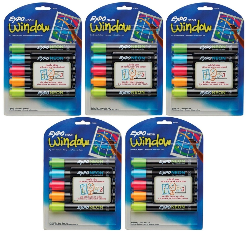 Expo 1752226 NEON WINDOW Low Odor DRY ERASE BOLD BULLET tip markers, 5 Packs
