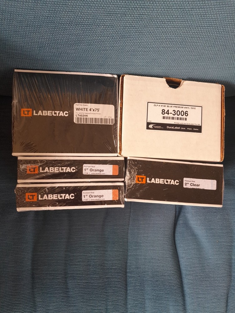 LabelTac & DuraLabel Tape Lot – 5 Rolls 4″ White High-Tack HK, Blue, Clear,…