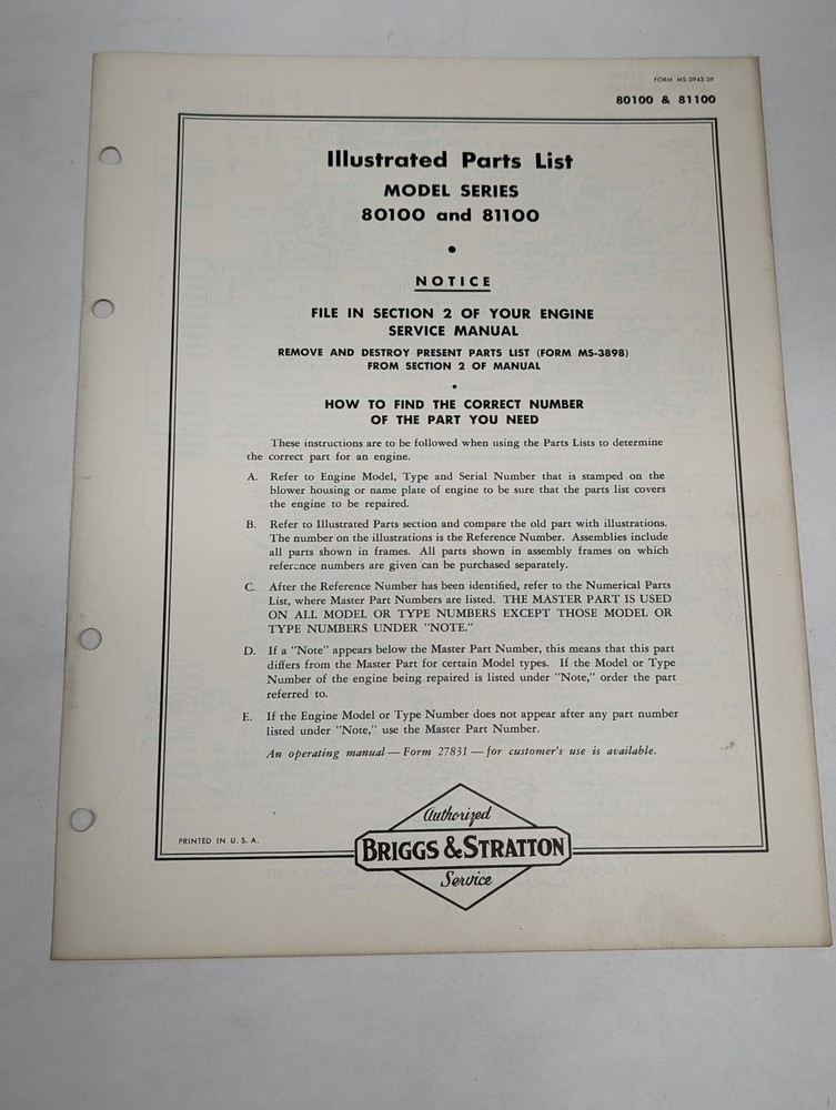 BRIGGS & STRATTON ILLUSTRATED PARTS LIST CATALOG MODEL SERIES 80100 81100