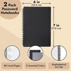 Password Book with Tabs 5×7 in 2-Pack Gray Black 80 Pages Spiral-Bound