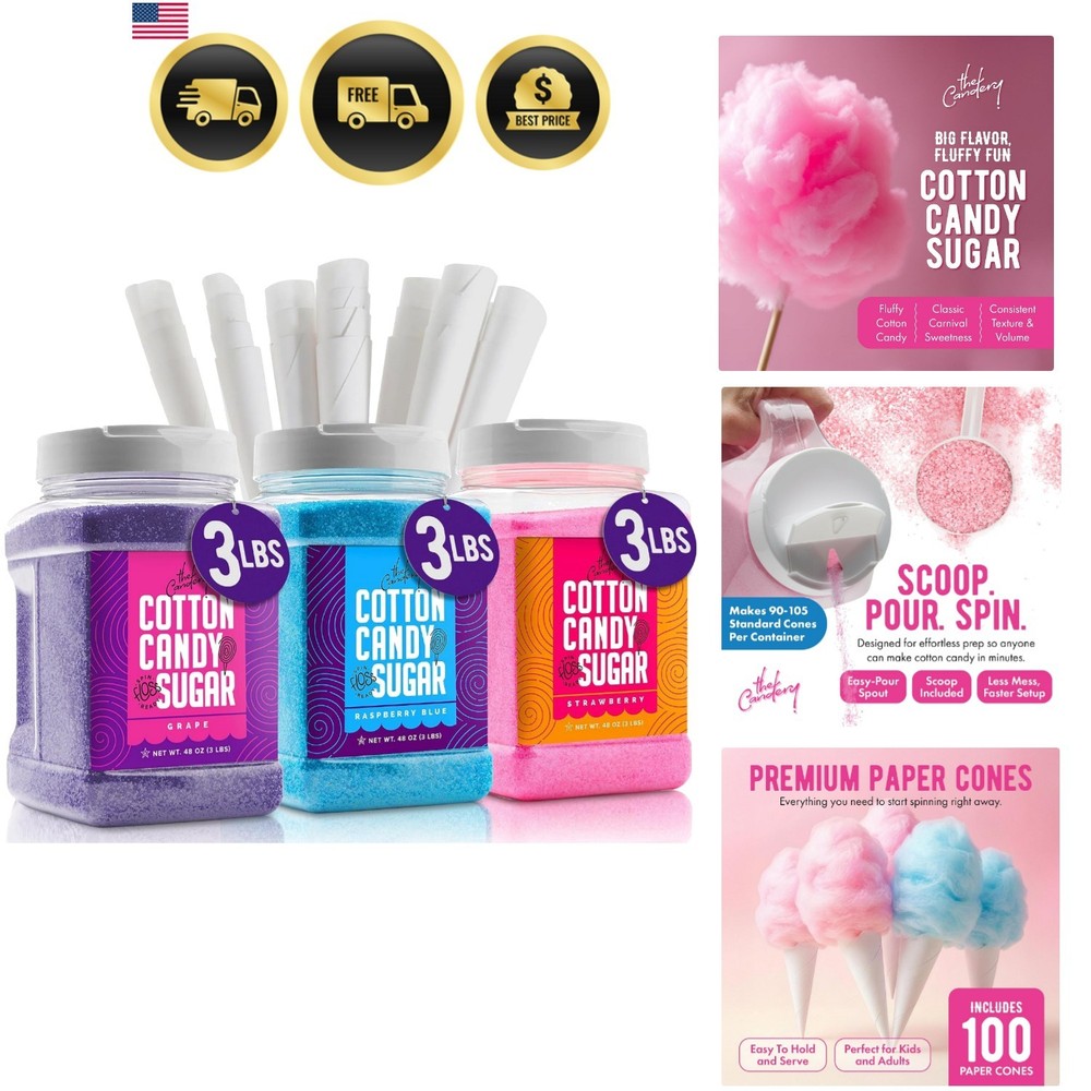 Cotton Candy Floss Sugar 3-Pack Includes 100 Cones 3-Pack 46oz with 100 Cones