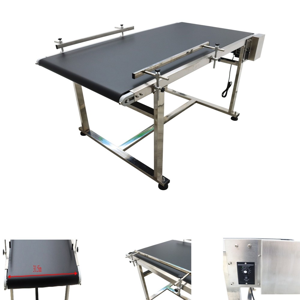 Electric PVC Belt Conveyor Transport Machine w/ Double Guardrails 110V 59×31.5in