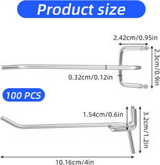 100 Pack 4 Inch Pegboard Hooks, Heavy Duty Metal Peg Board Accessories Fit 1/4″
