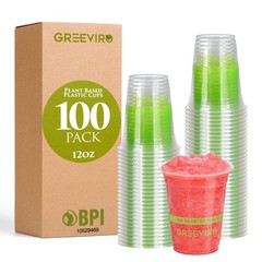 Eco Compostable Plant-Based Clear Plastic Cups 12oz Thick, Reusable, Disposab…