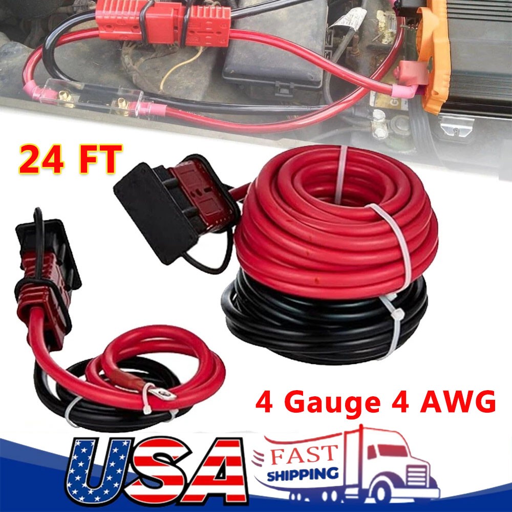 24 FT Heavy Duty Quick Disconnect Winch Power Cable 4 Gauge 4 AWG Copper Wiring