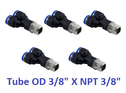 Pneumatic Y Connector Tube OD 3/8″ X NPT 3/8″ Quest Release Air Fitting 5 Piece