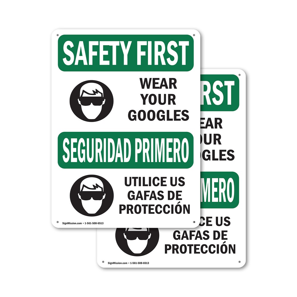 (2 Pack) Wear Your Goggles Bilingual OSHA Safety First Sign Decal Metal Plastic
