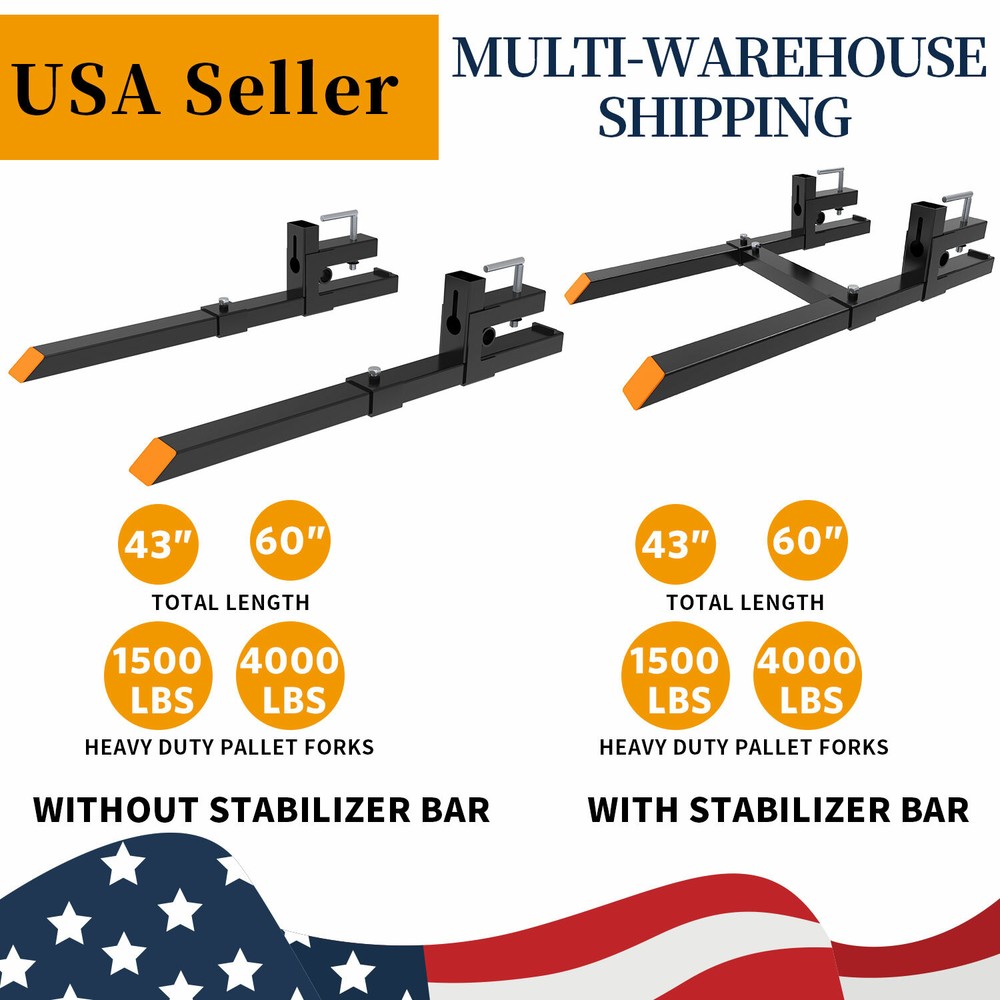 43″ 1500lb Pallet Forks Clamp on Loader Bucket Skidsteer Tractor 60″ 4000lbs