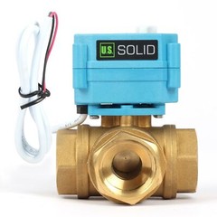 U. S. Solid 3 Way T Type Motorized Ball Valve w/ Hand Wheel 1in Brass 9-24V