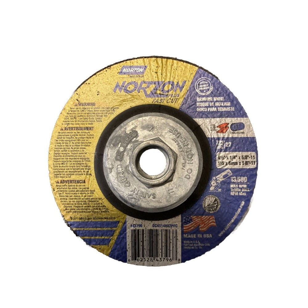 Norton BlueFire Plus Fast Cut Grinding Wheel 4-1/2” x 1/4” x 5/8” -11 27 A24R