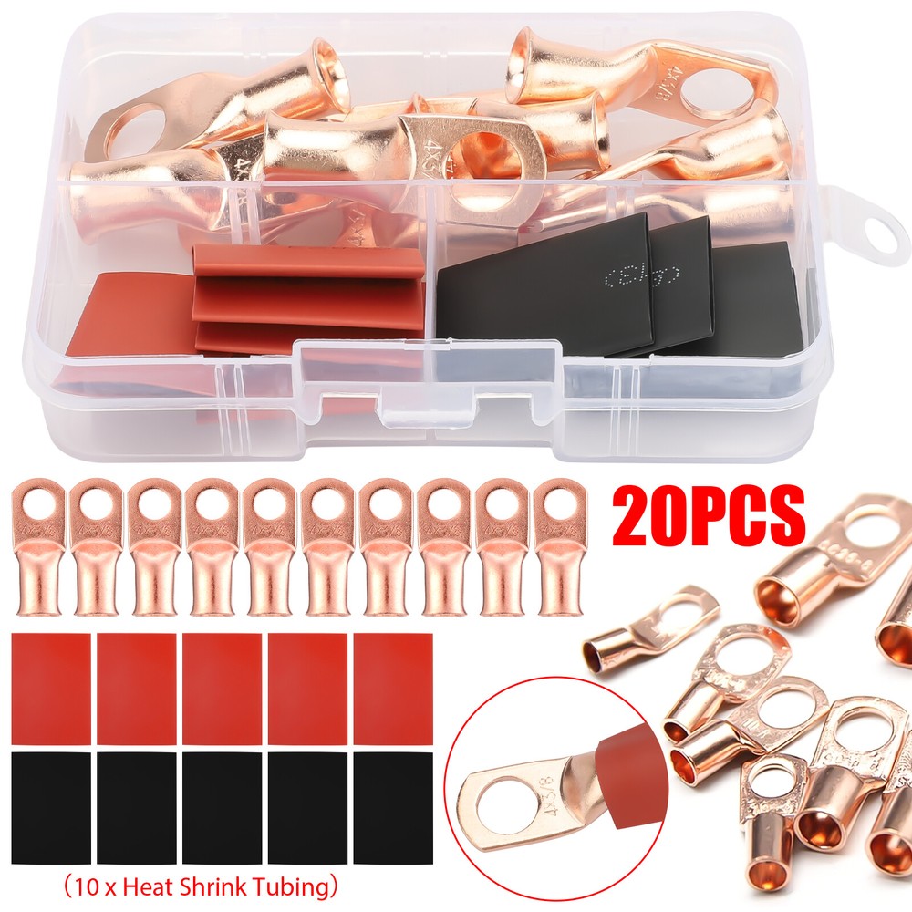 10x 4 AWG Gauge Copper Lugs + 10x Heat Shrink Ring Terminals Wire Connectors Kit