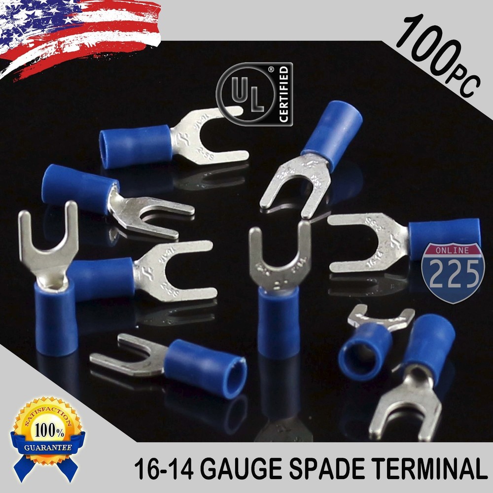 100 Pack 16-14 Gauge Vinyl Spade Fork Crimp Terminals #10 Stud Tin Copper Core