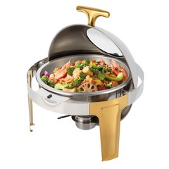 Roll Top Chafing Dish Buffet Set Gold Accent 6.3 Quart Round Stainless Steel