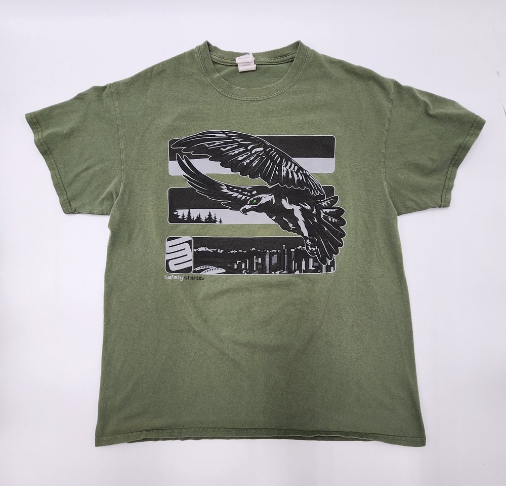 Safety Shirtz Eagle Flying Over City Logo Reflective Green Gildan Mens L