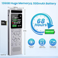 136GB Digital Voice Recorder with Playback,9000 Hours Audio Recording Device,Voi