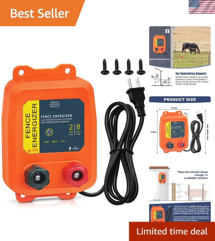 Plug-In Electric Fence Charger – 8 Acres Coverage for Dogs, Livestock & More