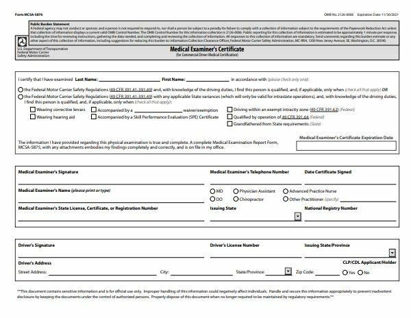 DOT Medical Forms – 5 Exam Reports (MCSA-5875) & 5 Certificates (MCSA-5876)