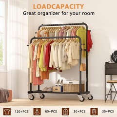 Black Double Rods Garment Rack with Wheels – 150lbs Capacity