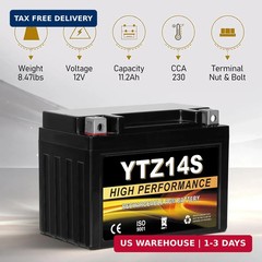 YTZ14S 12V 11.2Ah AGM Sealed Motorcycle Battery, Maintenance-Free, Compatible wi