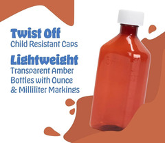 Plastic Amber Oval Liquid Medicine Bottles 8oz – Child Resistant Cap – 5 Count