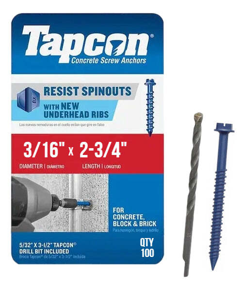 Tapcon 3/16″ x 2-3/4″ Hex Head Concrete Anchor Screws 3145407 | 100 Pack | Drill