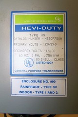 GS HEVI-DUTY HS20F750A TRANSFORMER 0.75 kVA PRI 120/240V SEC 16/32V 1PH USED