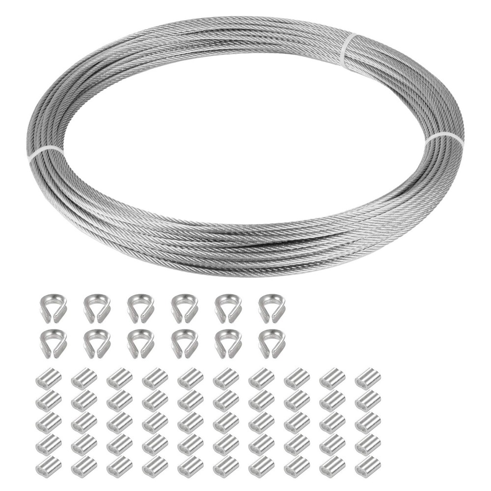 1/16″ 304 Stainless Steel Wire Rope 33FT with 50 Sleeves & 12 Thimbles Set
