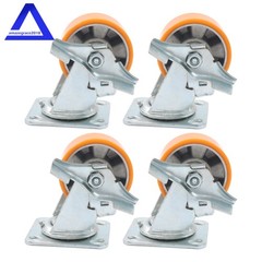 4″ Side Brake Polyurethane Plate Casters, 3200 Pounds, Silver + Qrange, 4 Pieces