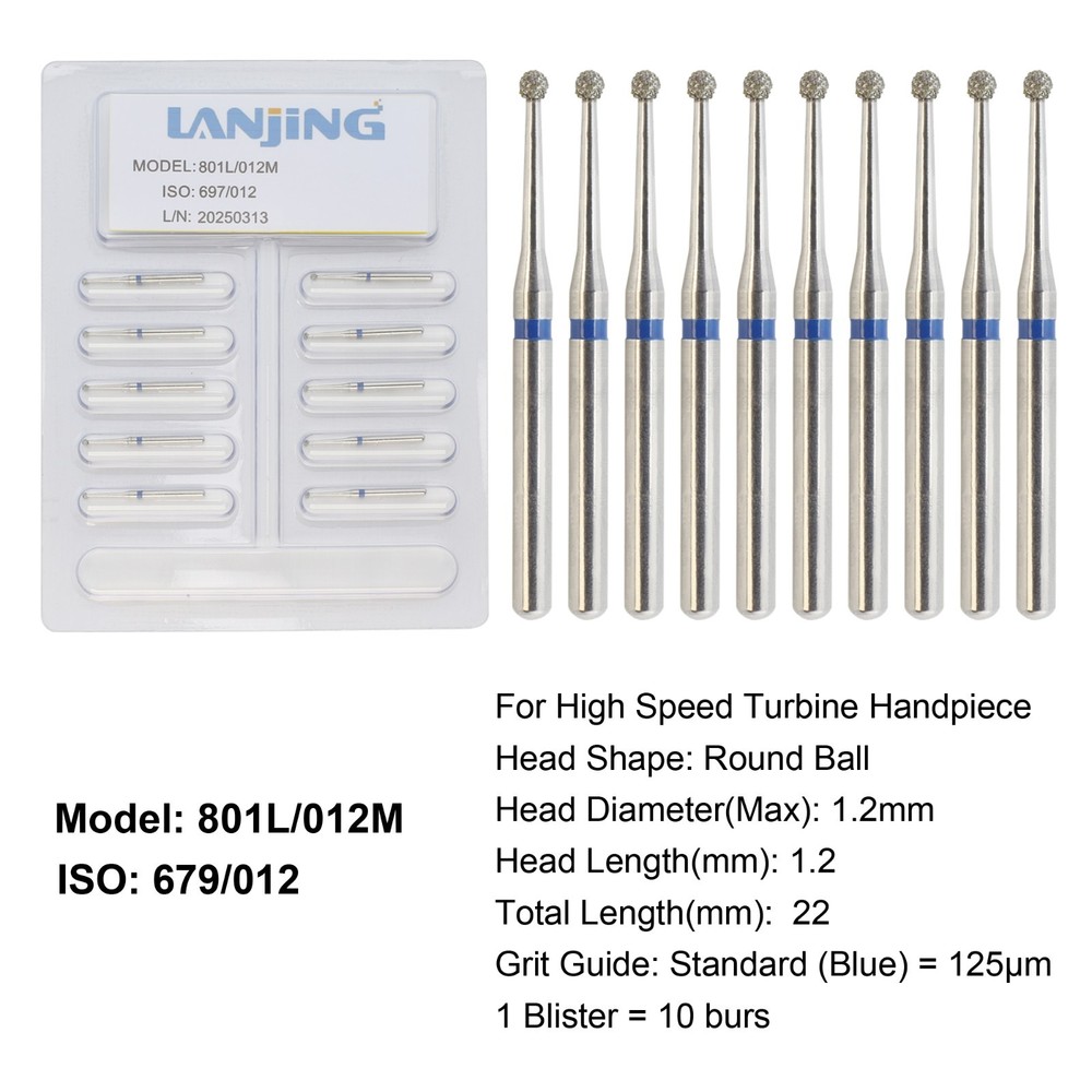 Dental Round Diamond Bur FG Long Shank Surgical Diamond Burs High Speed 801L