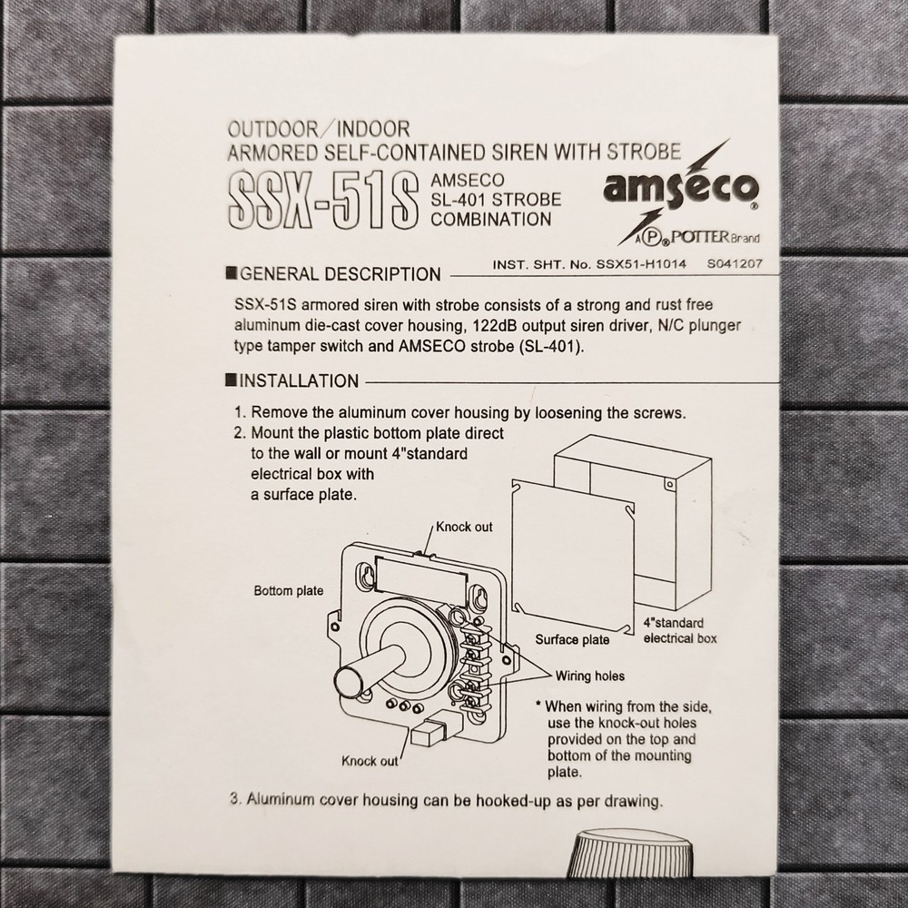 Amseco Potter SSX-51S Armored Siren with Strobe Instruction Guide User Manual