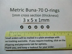 3mm ID x 5mm OD x 1mm thick O-ring. Buna-70. Quan 5.