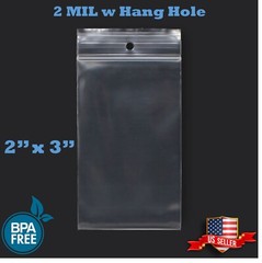2″ x 3″ Zip Seal Reclosable 2Mil Plastic Top Lock Bags Hang Hole Jewelry 2 Mil