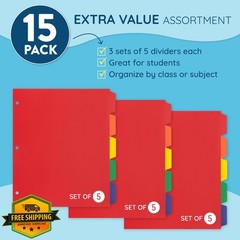 Blue Summit Supplies 5 Tab Plastic Binder Dividers 15 Pack
